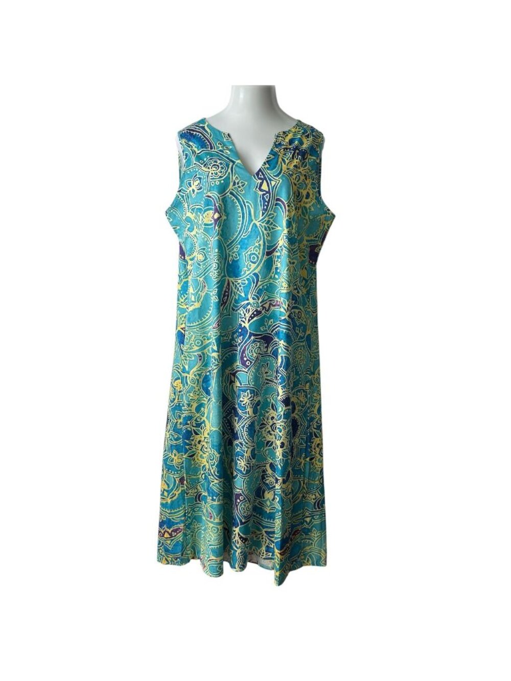 Vintage Womens 3XL Maxi Dress Sleeveless Vibrant Green Blue Yellow Floral Shift - Picture 3 of 16